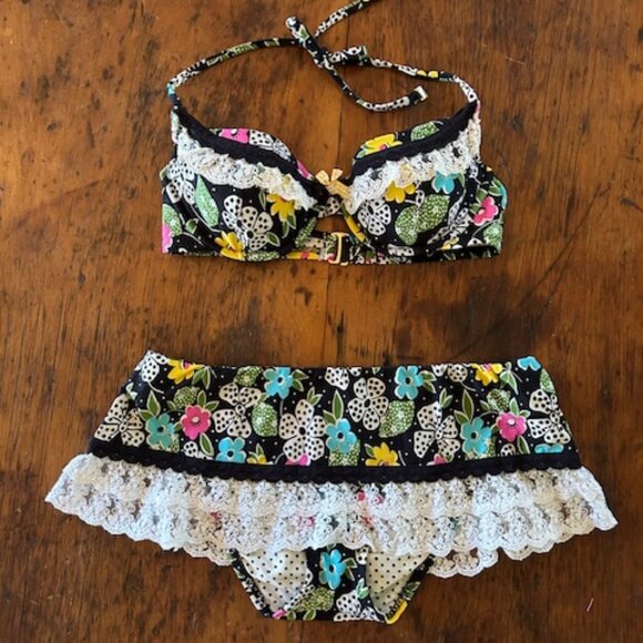 Vintage Betsey Johnson Bikini with Skirted Bottoms, Lace & Bows - Picture 1 of 7